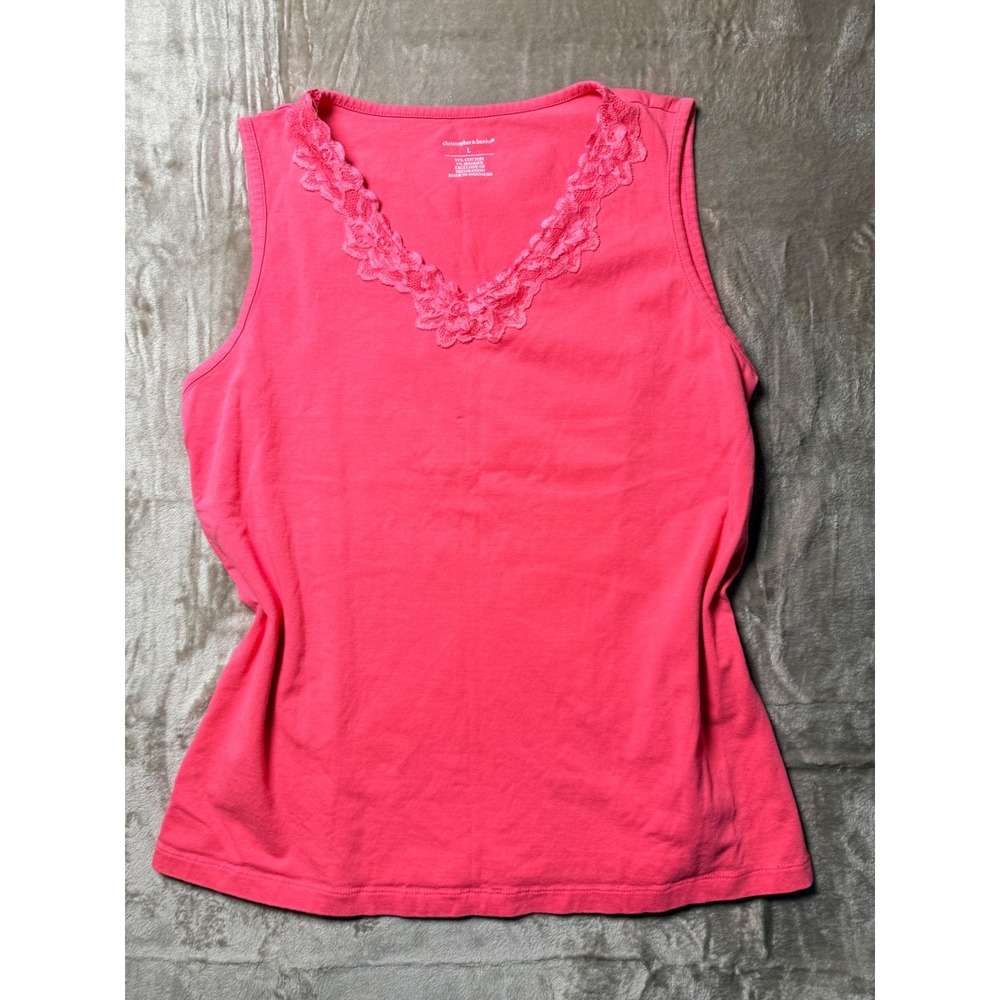 Christopher & Banks Pink Lace Trim V-Neck Tank Top Sleeveless Shell Womens Large